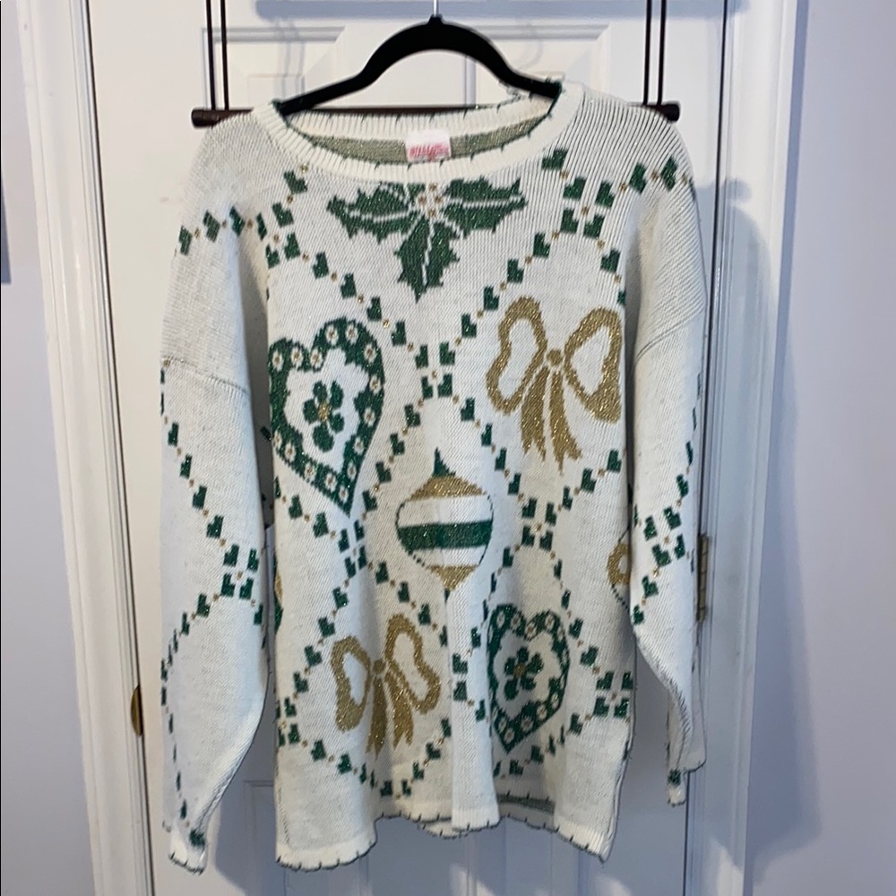 Women’s White Holiday Knit Sweater with Green and Gold Motifs